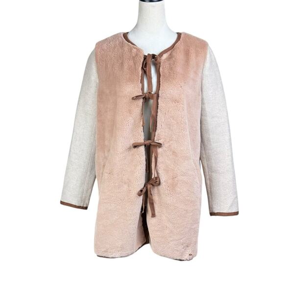 Madewell Brown Beige Colorblock Faux Mink Fur Long Length Ribbon Tie Jacket - Picture 5 of 16